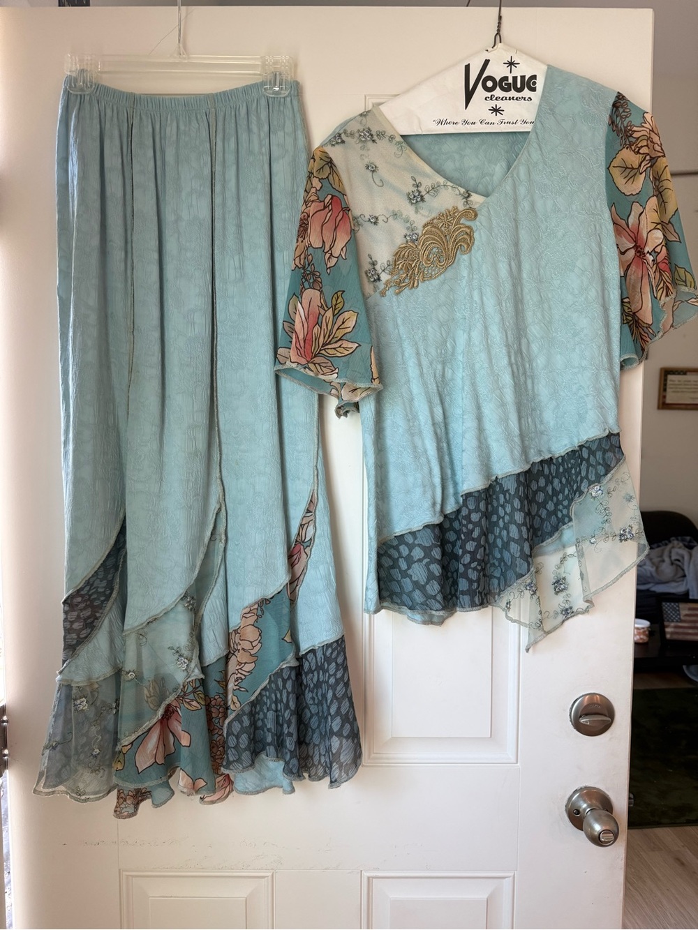 Vogue Aqua Floral Layered Asymmetric Two-Piece Set